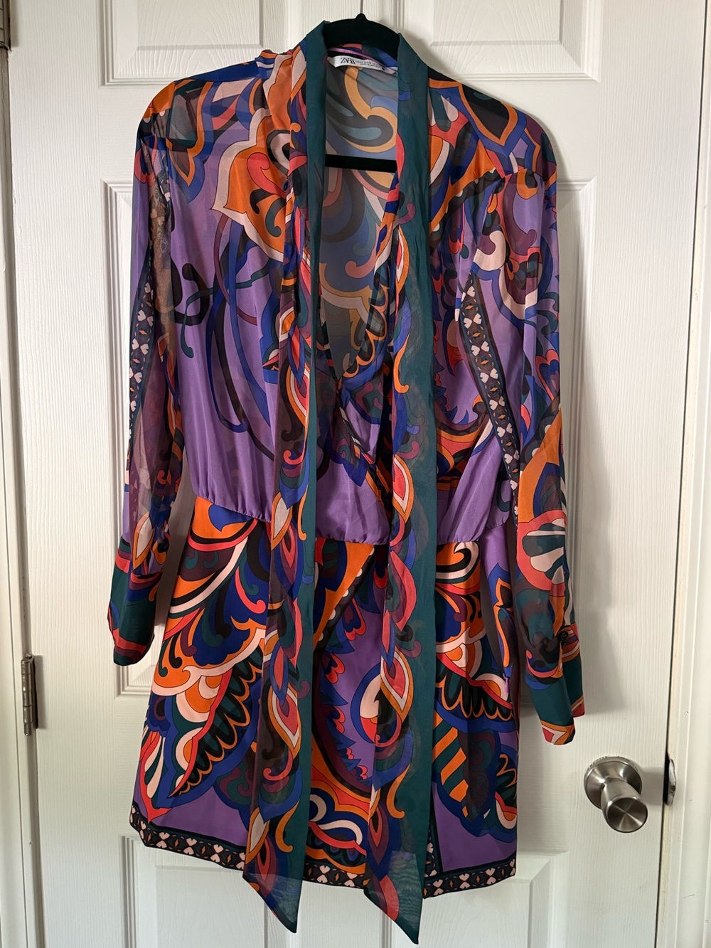 Zara Psychedelic Print Sheer Tie Neck Mini Dress | Size Medium